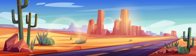 Camino en el paisaje desértico con rocas y cactus