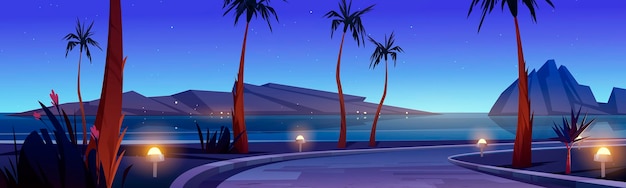 Camino en la playa del mar con palmeras y rocas en el agua por la noche. Ilustración de dibujos animados de vector de paisaje tropical con carretera, orilla del mar con césped, flores y montañas al atardecer