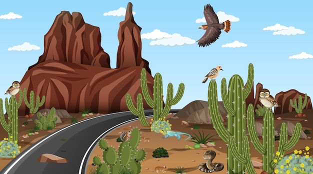 Vector gratuito camino a través de la escena del paisaje del bosque del desierto con animales del desierto