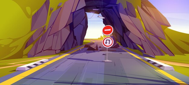 Camino del túnel después de deslizamientos de tierra o terremotos