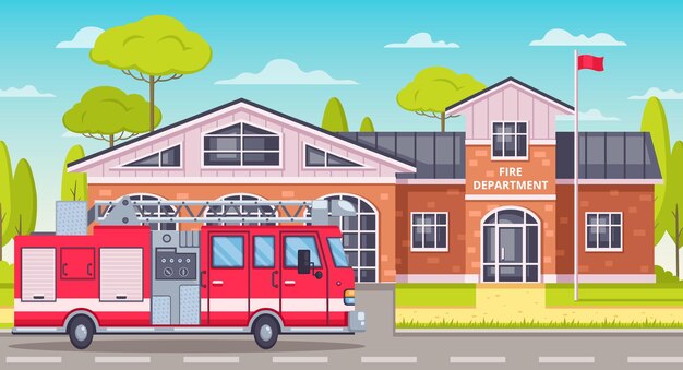 Camión de bombero estacionado frente a la ilustración del departamento de bomberos