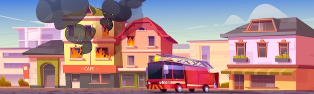 El camión de bomberos llega para apagar el edificio en llamas en la ciudad Ilustración vectorial de dibujos animados del paisaje de la ciudad con la casa en llamas y cubierta de humo coche rojo con bomberos llegó a la llamada de emergencia