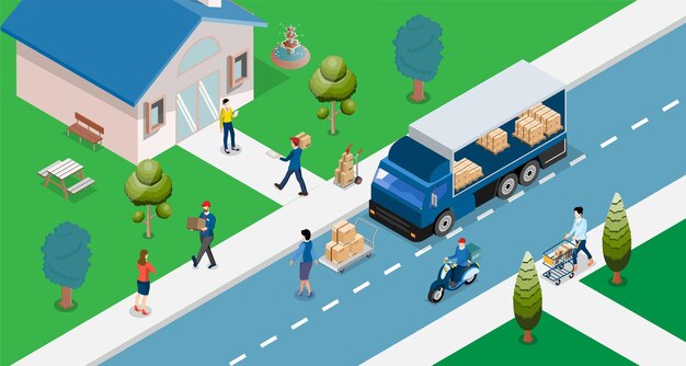 Camión de entrega con paquete de paquete de pedido en la ilustración de vector de aplicación de teléfono inteligente