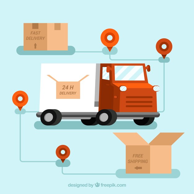 Camión de reparto, cajas de cartón y ubicaciones