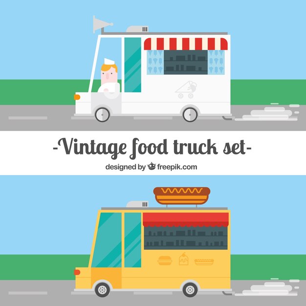 Camiones de comida de estilo vintage en diseño plano