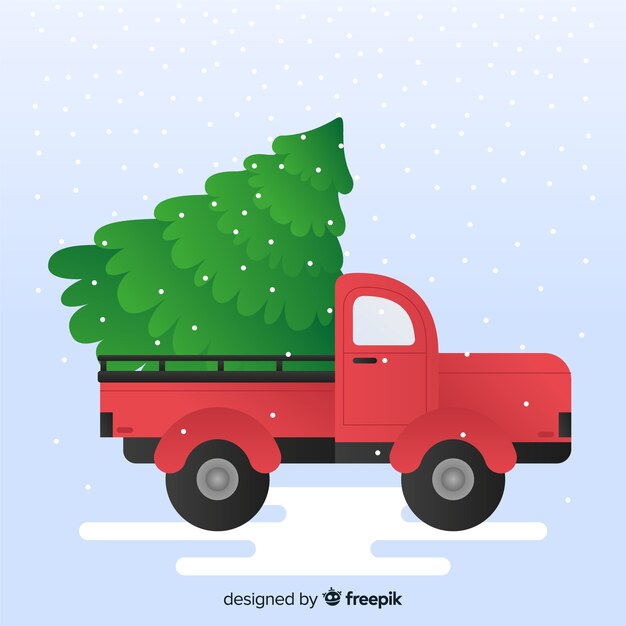 Camioneta con árbol de navidad en diseño plano