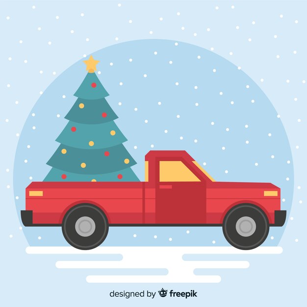 Camioneta con árbol de navidad en diseño plano