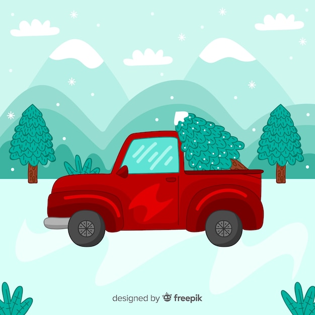 Vector gratuito camioneta con árbol de navidad