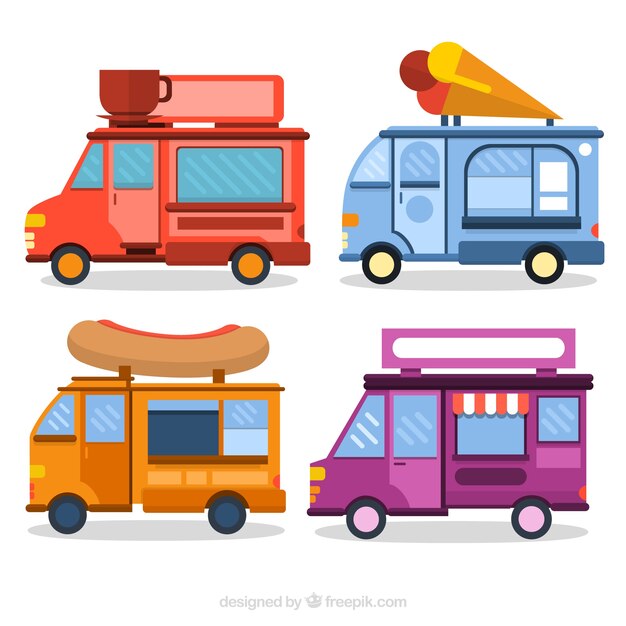 Camionetas de comida planas de colores