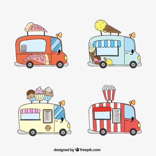 Camionetas de comida rápida dibujadas a mano