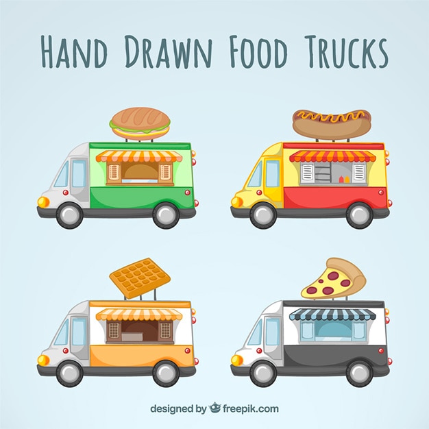 Camionetas de comida rápida dibujadas a mano