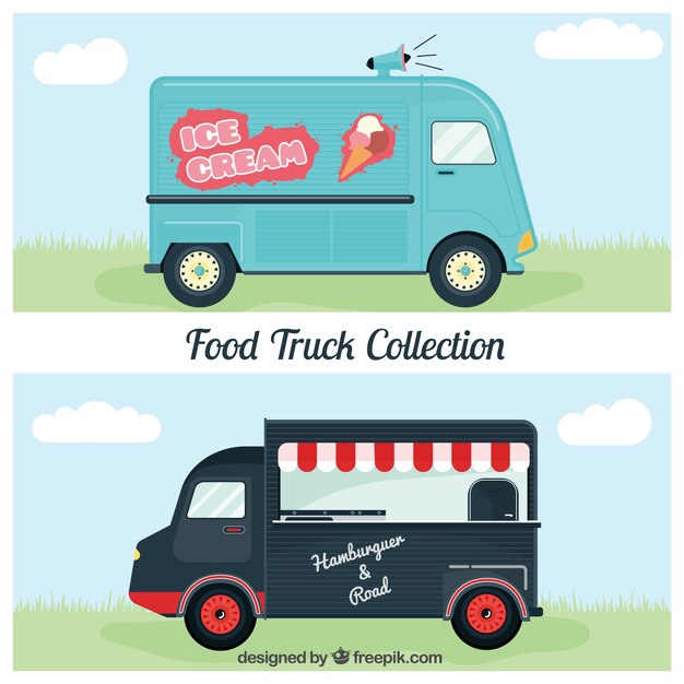 Camionetas retro de comida de helado y hamburguesa