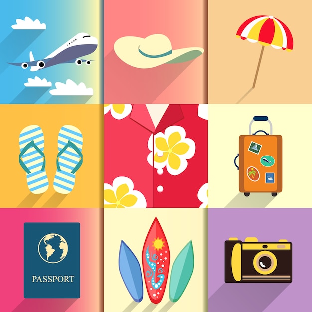 Vector gratuito camisa de la hawaiana. viajes y vacaciones iconos conjunto con pasaporte avión y maleta zapatos ilustración vectorial