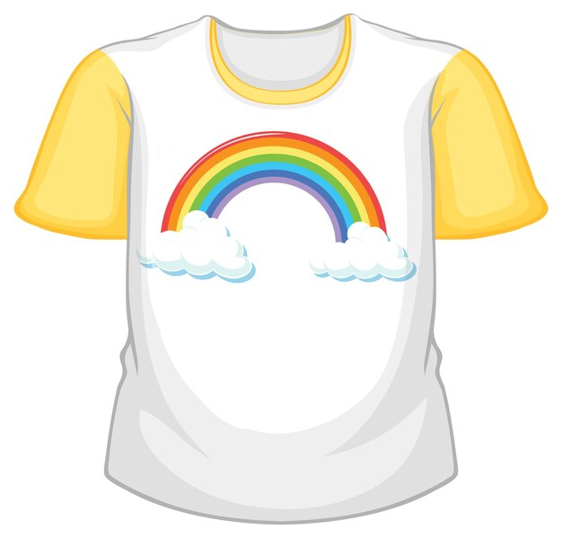Una camiseta blanca con mangas amarillas sobre fondo blanco.