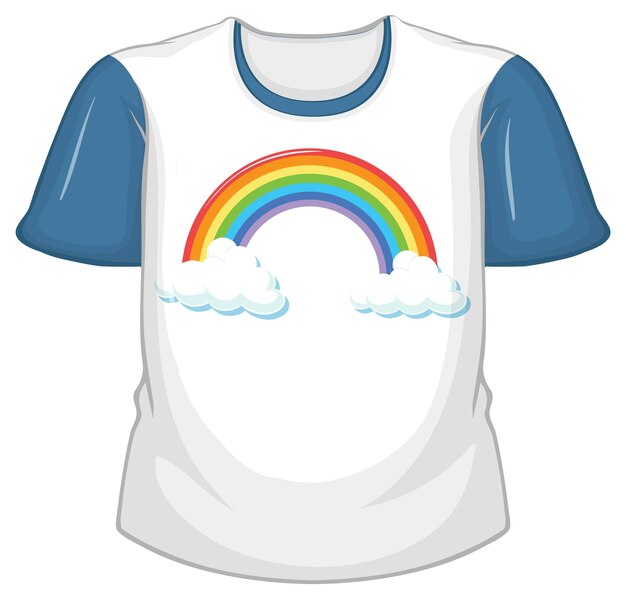 Una camiseta blanca con mangas azules sobre fondo blanco.