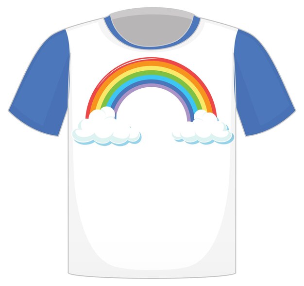 Una camiseta blanca con mangas azules sobre fondo blanco.