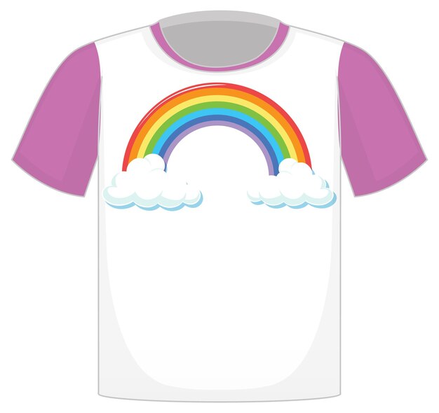 Una camiseta blanca con mangas moradas sobre fondo blanco.