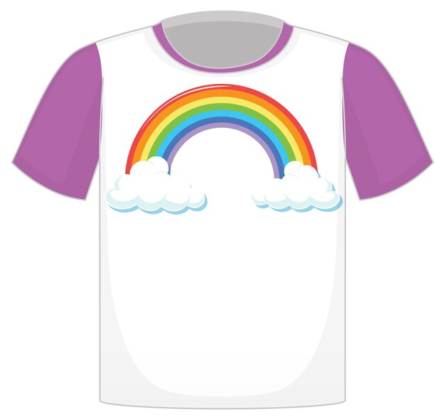 Una camiseta blanca con mangas moradas sobre fondo blanco.