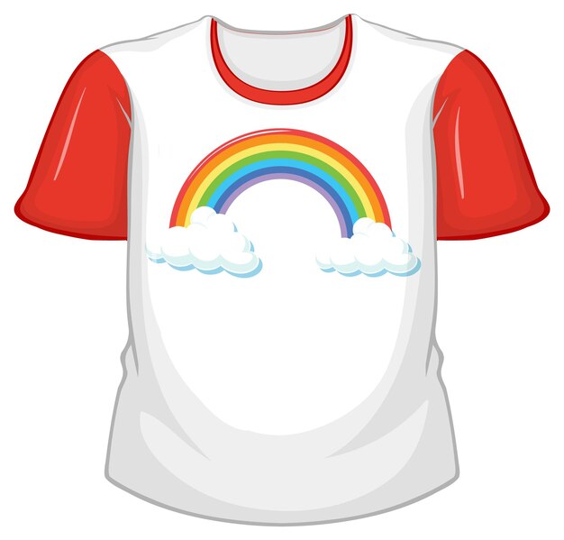 Una camiseta blanca con mangas rojas sobre fondo blanco.