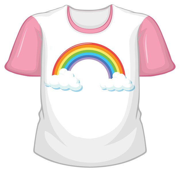 Una camiseta blanca con mangas rosas sobre fondo blanco.