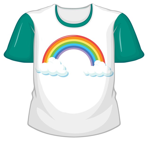 Una camiseta blanca con mangas verdes sobre fondo blanco.