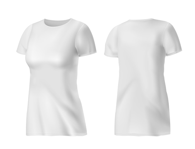 Vector gratuito camiseta de mujer blanca realista, vista frontal y posterior