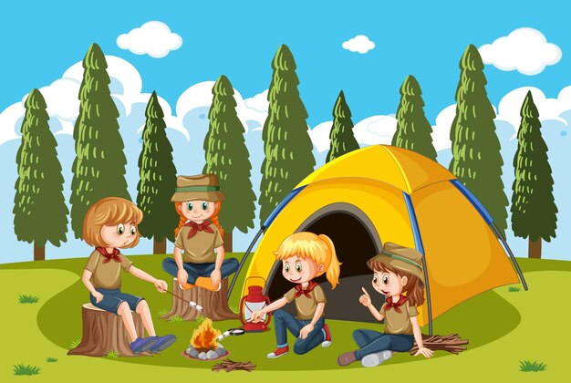 Campamento al aire libre con niños exploradores