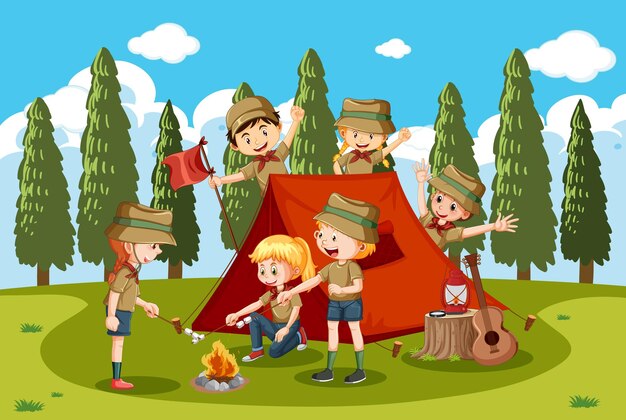 Campamento al aire libre con niños exploradores