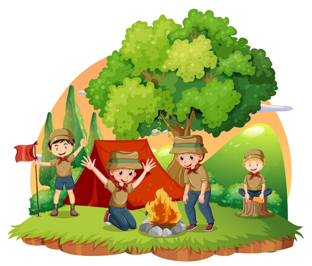 Campamento al aire libre con niños exploradores