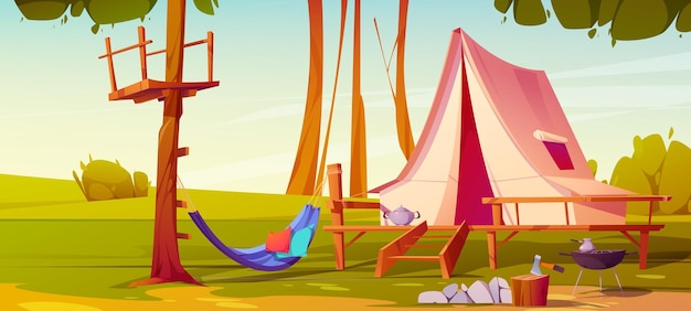 Vector gratuito campamento de dibujos animados con carpa parrilla y hamaca.