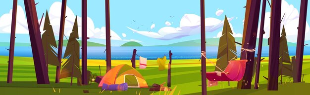 Campamento en tiendas de campaña turística forestal y hamaca