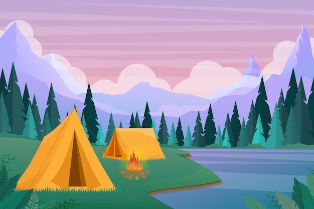 Campamento turístico plano de dibujos animados con lugar de picnic y carpa entre bosque, paisaje de montaña