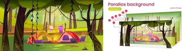 Campamento de verano de fondo de paralaje con tiendas de campaña, fogatas y cosas turísticas en el bosque, paisaje 2d paisaje natural. Escena de animación de dibujos animados con capas separadas para el juego, ilustración vectorial