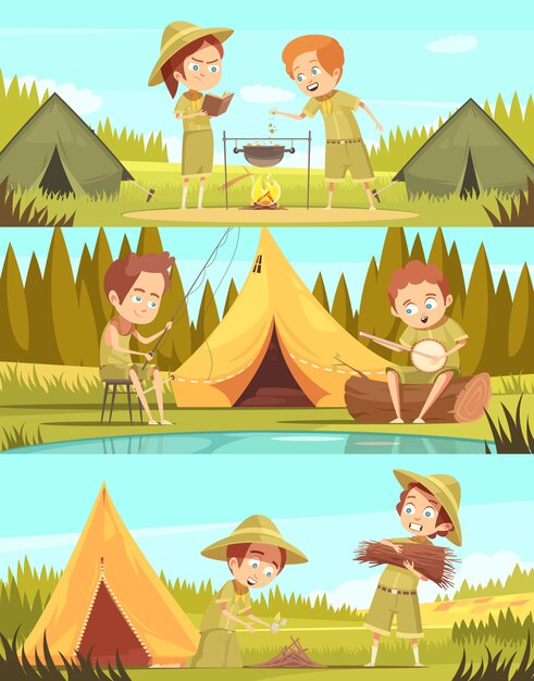 Campamento de verano para niños exploradores actividades 3 pancartas horizontales de dibujos animados retro conjunto con fogata cocinar ilustración vectorial aislado