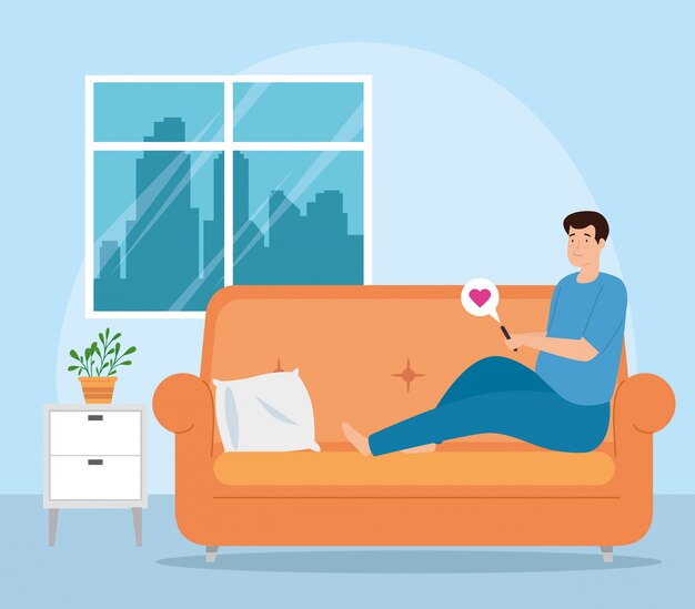 campaña quedarse en casa con el hombre en la sala de estar hablando por teléfono inteligente