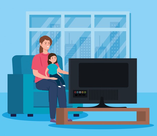 Campaña quedarse en casa con madre e hija viendo televisión