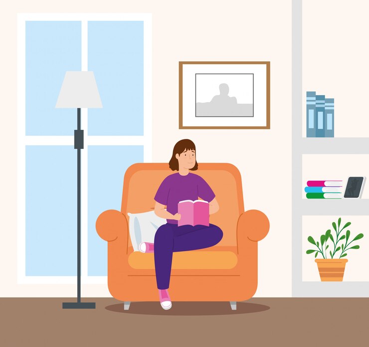 Vector gratuito campaña quedarse en casa con una mujer en la sala de estar leyendo un libro
