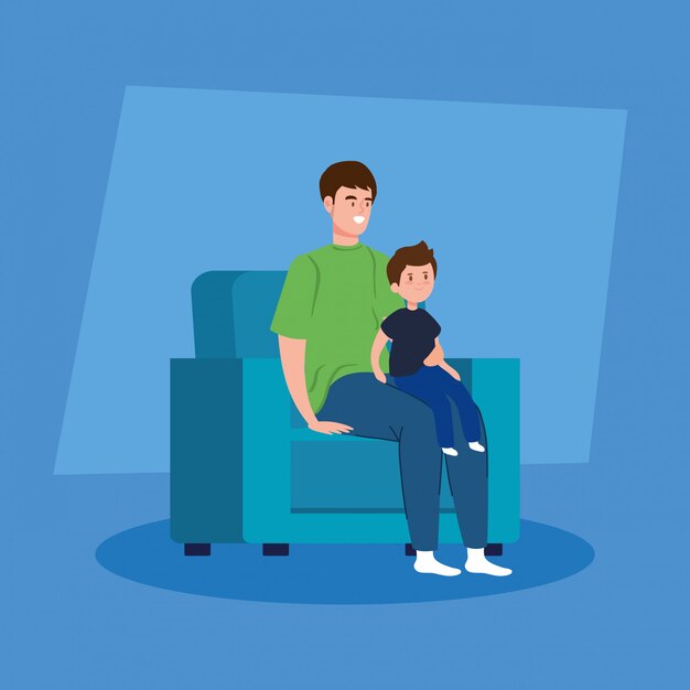 Campaña quedarse en casa con padre e hijo en la sala de estar
