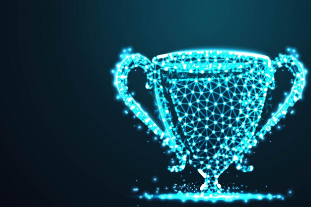 Campeón de trofeo abstracto Avión de estructura poligonal 3d abstracto en el cielo nocturno azul con puntos y estrellas ilustración o fondo