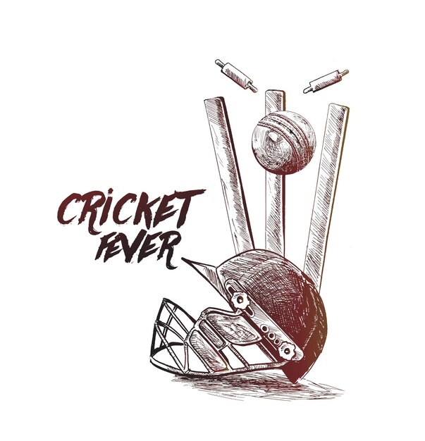Campeonato de Cricket con Ball Wicket con casco en Cricket Stadium Freehand Sketch Graphic Design Vector ilustración