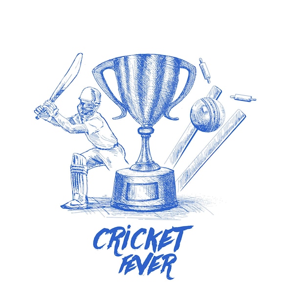 Campeonato de cricket con ball wicket con casco en cricket stadium freehand sketch graphic design vector ilustración