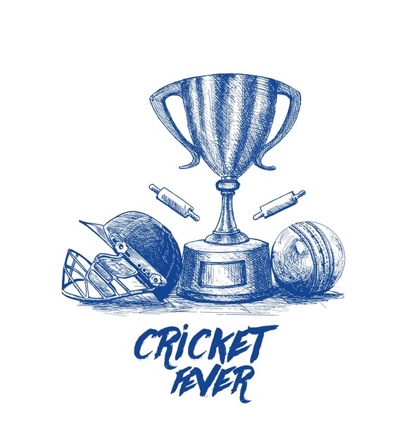 Campeonato de Cricket con Ball Wicket con casco en Cricket Stadium Freehand Sketch Graphic Design Vector ilustración