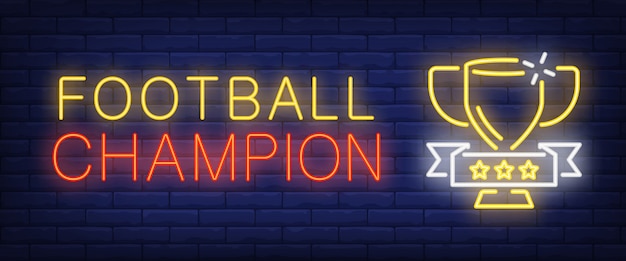 Vector gratuito campeonato de fútbol de texto de neón con copa