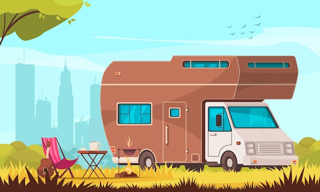 Camper con barbacoa, mesa plegable, tumbona, guitarra en la ciudad, suburbio, remolque, caravana, parque, composición de dibujos animados, ilustración