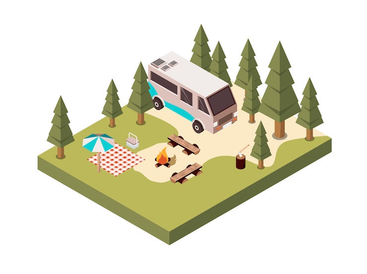 Vector gratuito camping en bosque diseño isométrico
