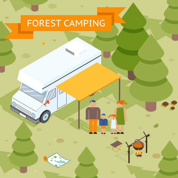 Camping bosque isométrico familiar. Papá mamá hija e hijo descansan en la naturaleza. Ilustración vectorial