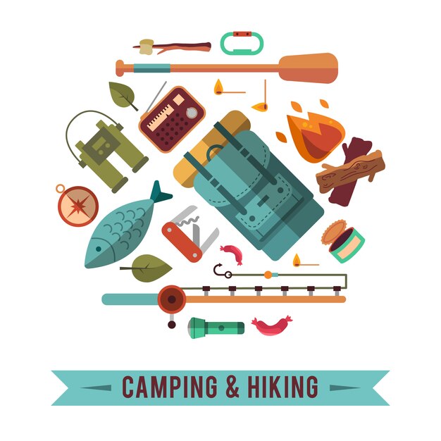 Camping conjunto plana con equipo de senderismo y los iconos de cocina al aire libre