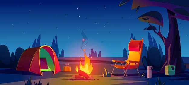 Camping de dibujos animados en la noche