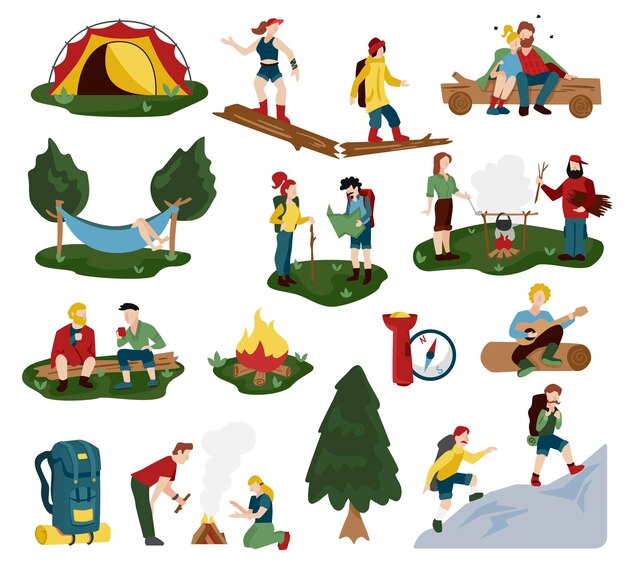 Camping divertido plano retro mini composiciones iconos conjunto con senderismo escalada personas accesorios situaciones vector ilustración