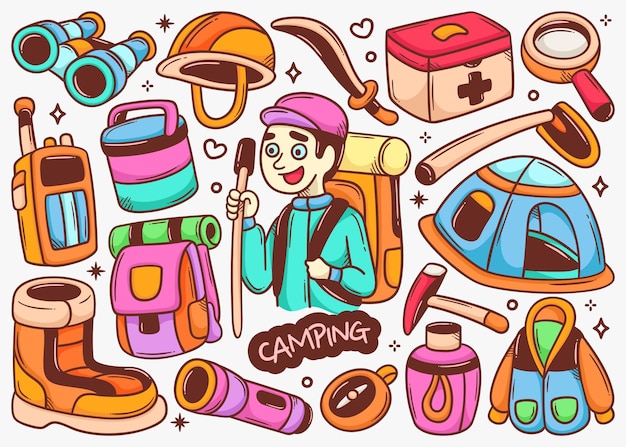 Camping Doodle Colección de vectores de color dibujados a mano